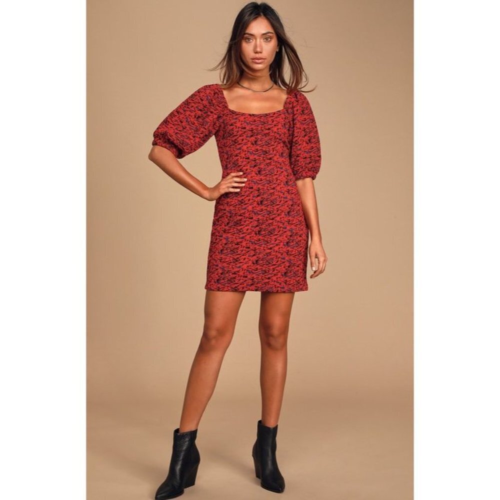 Free People red  & blue metallic Sunset puff sleeve cold shoulder mini dress L